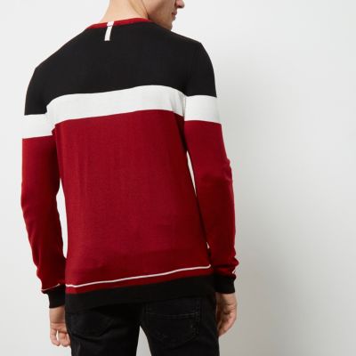 Red colour block slim fit jumper